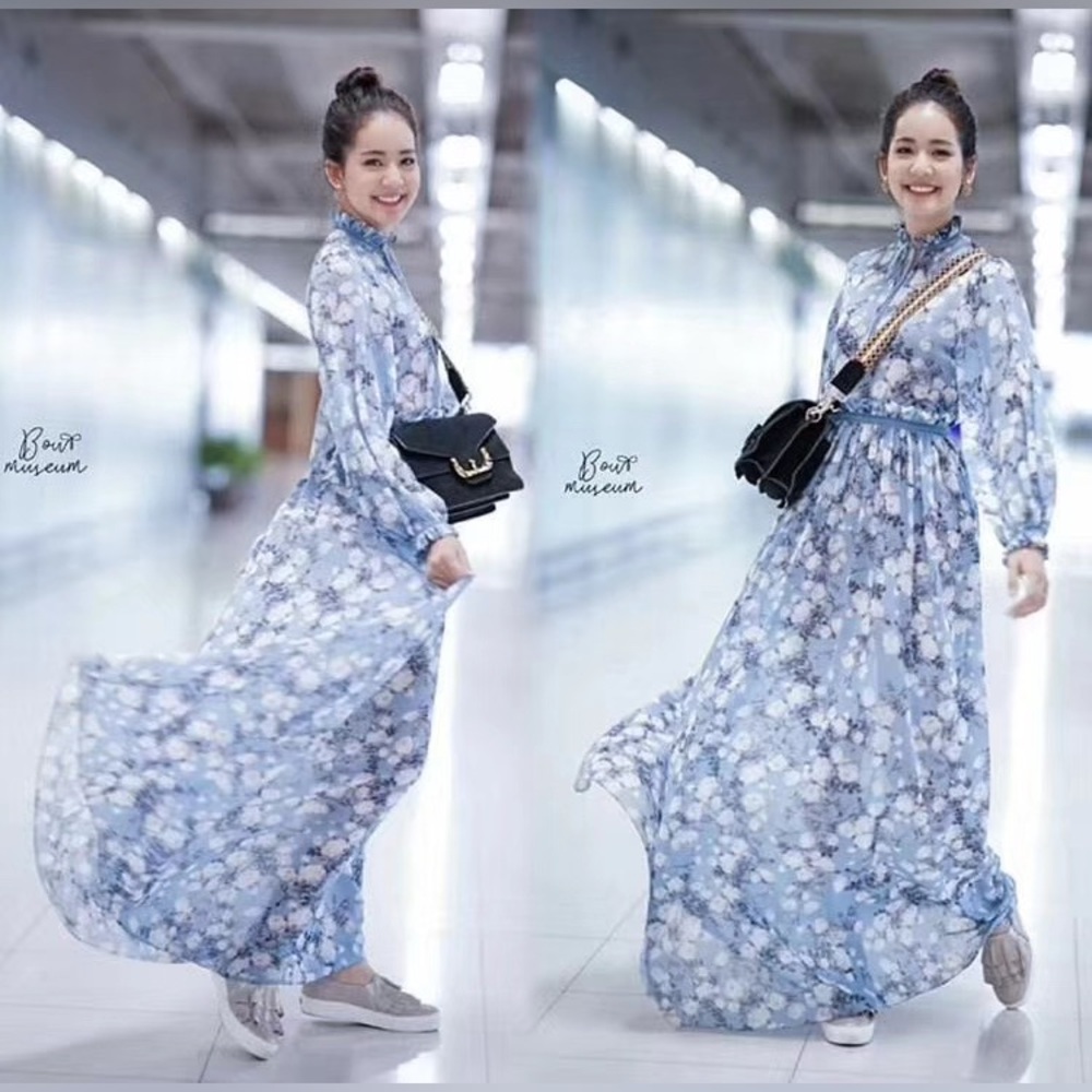 Thai Designer Elegant Floral Blue Maxi Dress